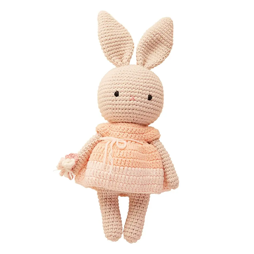 Factory Wholesale Pink Flower Girl Knitted Crochet Doll Easter Bunny Rabbit Doll Plush Stuffed Animal Toy for Baby Boy and Girl