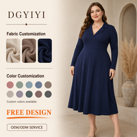 Robe midi élégante en viscose tricotée opaque 300 GSM, coupe évasée, col à revers, manches longues, pour femme, grandes tailles, hiver, personnalisable avec logo OEM
