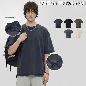 T-shirt en coton 100% de 275 g/m² avec broderie, effet délavé soleil et lavage neige, style streetwear décontracté pour hommes, personnalisable en gros - Product Image 1