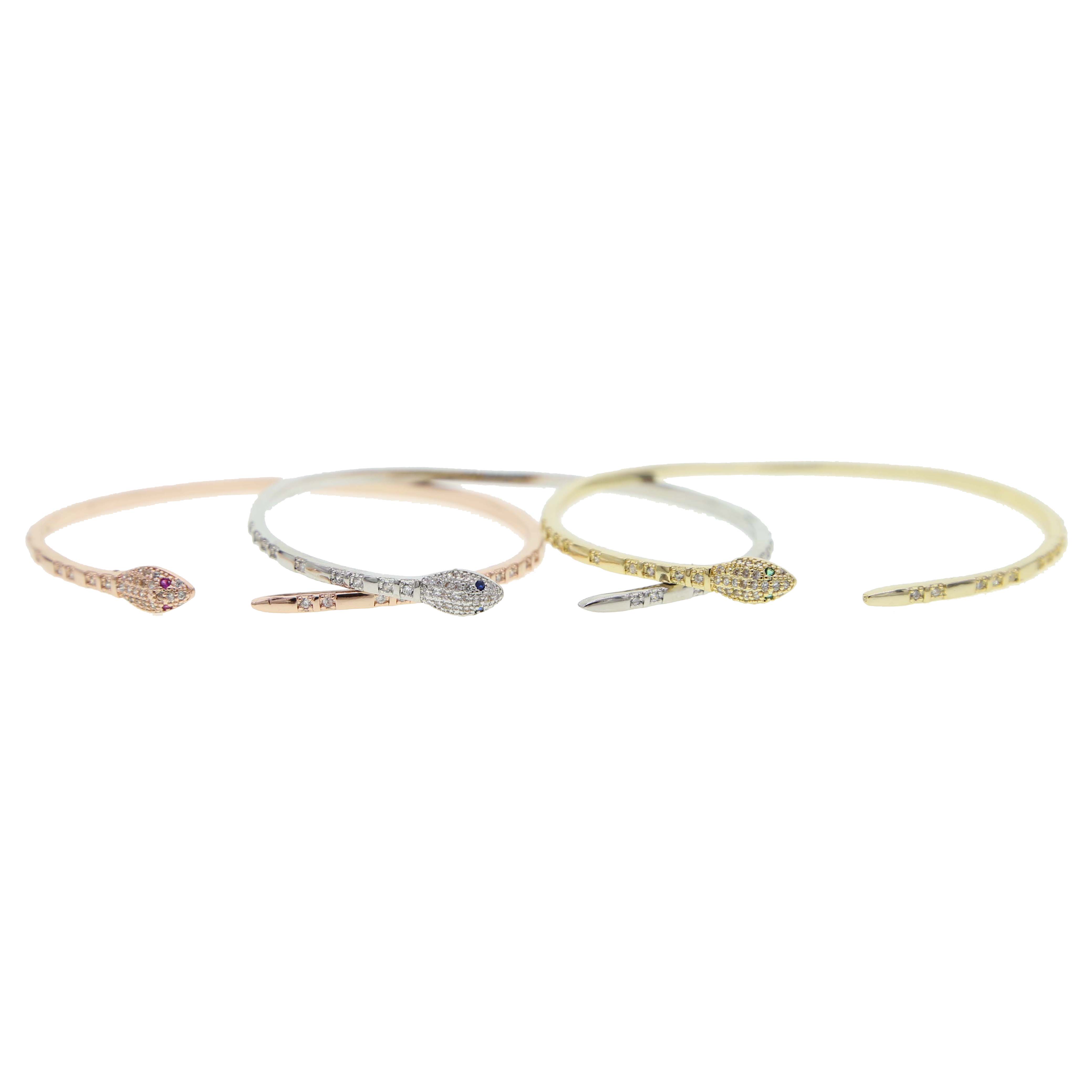 Bracciale a Serpente Aperto Regolabile Placcato Oro con Zirconi Intarsiati per Donna
