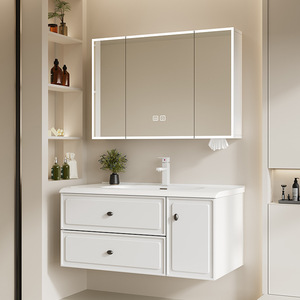 Lavabo integrado de cerámica de estilo minimalista moderno, color blanco leche, para baño - Product Image 1