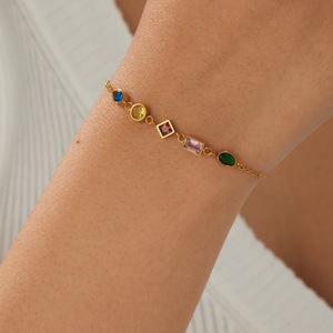 European American Style Minimalist Colored Stone Bracelet Gold Plated Chain Geometric Design Gift Jewelry - Product Image 2