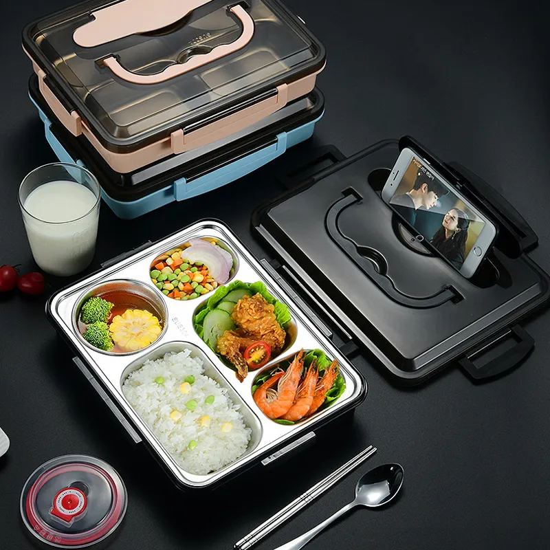 Amazon Leak Proof Stainless Steel Thermal Insulation Lunch Box 4 Compartment Kid Bento Lunch Box With Phone Holder Cutlery Bowl