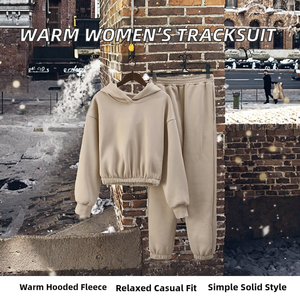 Ensemble de survêtement décontracté en polaire pour femme, chaud, uni, à manches longues, avec capuche et pantalon sarouel, coupe ajustée, automne-hiver, 2 pièces - Product Image 2