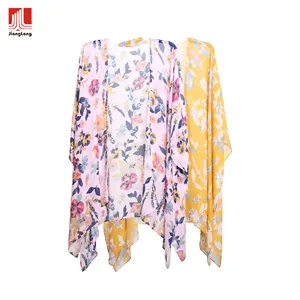New arrival lightweight eco viscose boho floral print soft topper ruana beach cover up shawl poncho kimono women