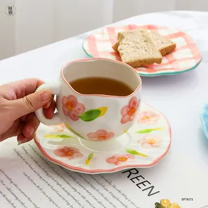 Tazza in ceramica ins all'ingrosso fatta a mano irregolare 10oz tazza da caffè personalizzata e piattino tè pomeridiano tazza in gres retrò tazza in ceramica