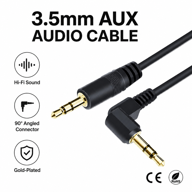 90 Degree Right Angle 3.5mm Audio Cable Male to Male Gold Plated Stereo Aux Cord for Headphones Car Speaker Phone to MP3 Player
