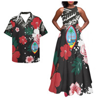 Elegante Conjunto a Juego para Parejas con Estampado Tropical del Logotipo de Guam, Vestido Casual sin Mangas de Lujo para Mujer y Camisa Aloha para Hombre