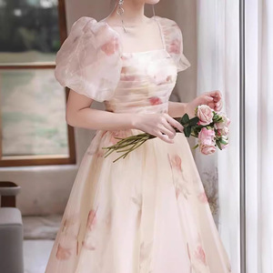 Square Neck Floral Print Evening Dress A-Line Empire Waist 3D Patterns Princess Tutu Skirt For Birthday Arts Exam Graduation - Product Image 2