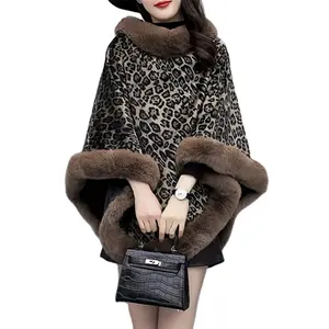 Cuello de piel chal capa estampado de leopardo Faux Rabbit Fur Trim cálido suelto de gran tamaño suéter de invierno abrigo ropa de mujer al por mayor