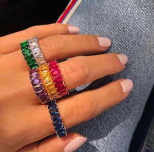 Anillo de Compromiso Eternity Rectangular Chapado en Oro con Circonita Cúbica 5A Arcoíris Pastel, Tallas 5, 6, 7, 8, 9, Venta al por Mayor, En Stock - Product Image 3