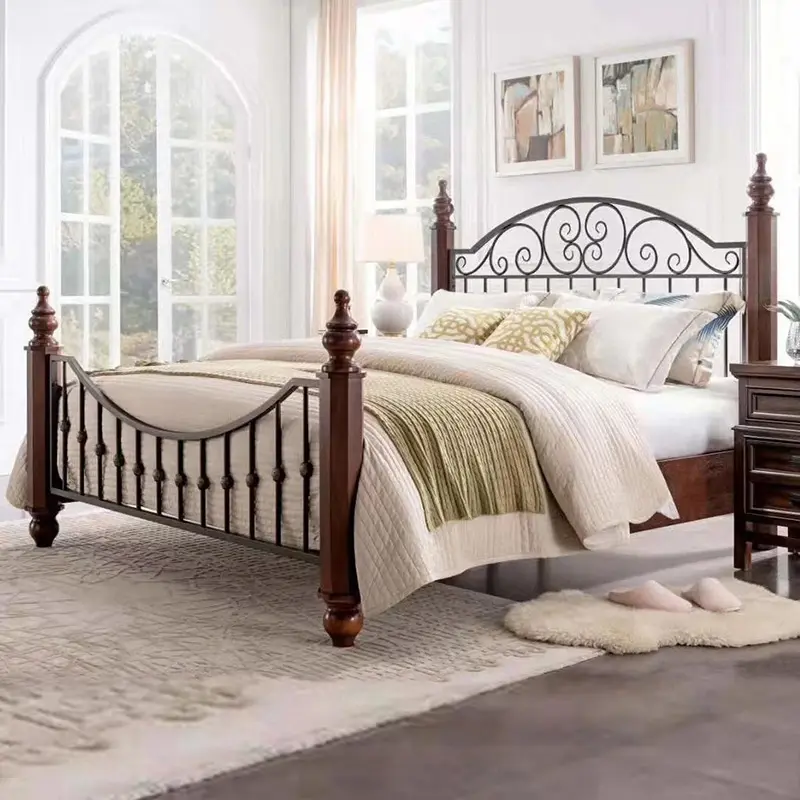 Salida de fábrica, cama de madera maciza tallada en hierro, cama de metal de estilo americano con marco de madera maciza, cama king size de tamaño completo