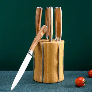 Olive wood handle stainless steel steak knives professional steak knife set of 6 with bamboo knife blcock