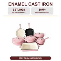 Ensemble de 7 pièces de batterie de cuisine en fonte émaillée, comprenant des casseroles rondes avec couvercles, émail coloré, antiadhésif, compatible four et lave-vaisselle, avec poignées à double anse