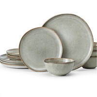 Services de table en grès EKA, ensemble de 12 assiettes en porcelaine, bols à dessert, ensemble de 4 vaisselles rustiques artisanales