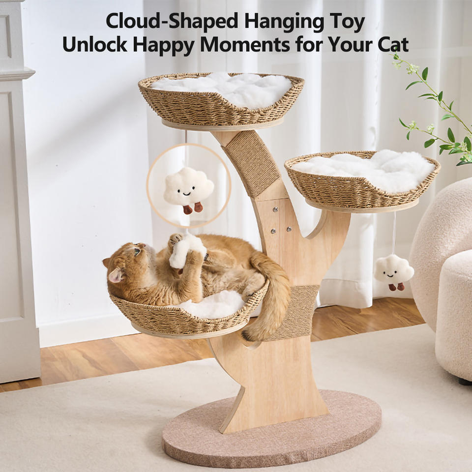 Modern Natural Solid Wood Cat Tree 3-in-1 Integrated Cat Bed and ...