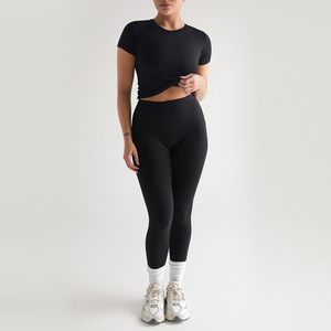 Active Yoga Wear Femmes Manches Courtes Crop Top Butt Lift Leggings Fitness Gym Sets - Product Image 6