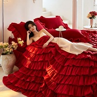 Parure de lit de luxe de style américain, rouge vif, pour cérémonie de mariage, en dentelle et jacquard de pur coton