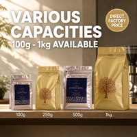 Sacs à café personnalisés mats dorés à fond carré avec valve et fermeture éclair, scellés sur huit côtés, emballage anti-humidité pour grains de café et gelée