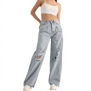 Pantalones de mezclilla Azul Corte láser Tapered Palazzo Pantalones de mezclilla rectos Jeans de mezclilla para mujer Mom con bolsillos Jeans cómodos - Product Image 1