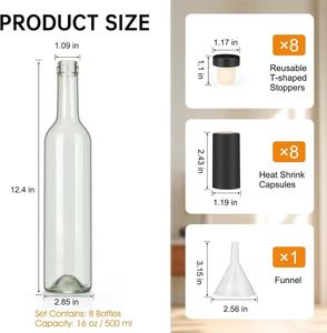 Botellas de Vino de Vidrio Transparente de 16 oz con Tapas de Corcho y Cápsulas Termoencogibles de PVC de 500 ml para Vino, Licores, Jugos, Licores Caseros - Product Image 4