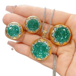 Vintage Eco-friendly Copper Eight Pointed Star Car <strong>Jewellery</strong> 16-12mm Green Cubic Zirconia Women's Ring Necklace Earrings Set <strong>tu</strong> - Product Image 2