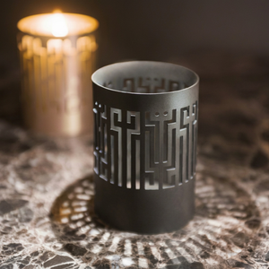 Round Metal Votive <b>Candle</b> <b>Holder</b> With Geometric Cutout Design <b>Black</b> Finish Heat Resistant Home Decoration - Product Image 1