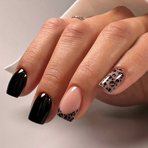 <span class=keywords><strong>Uñas</strong></span> Acrílicas <span class=keywords><strong>de</strong></span> Lujo al por Mayor, Estilo Francés, Estampado <span class=keywords><strong>de</strong></span> Leopardo Negro, <span class=keywords><strong>Cortas</strong></span>, 24 Piezas, Hechas a Máquina, Semi-Manuales - Product Image 1