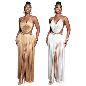 European and American women's sexy backless <b>tied</b> rope hanging neck top, half skirt tassel <b>set</b> wholesale - Product Image 1