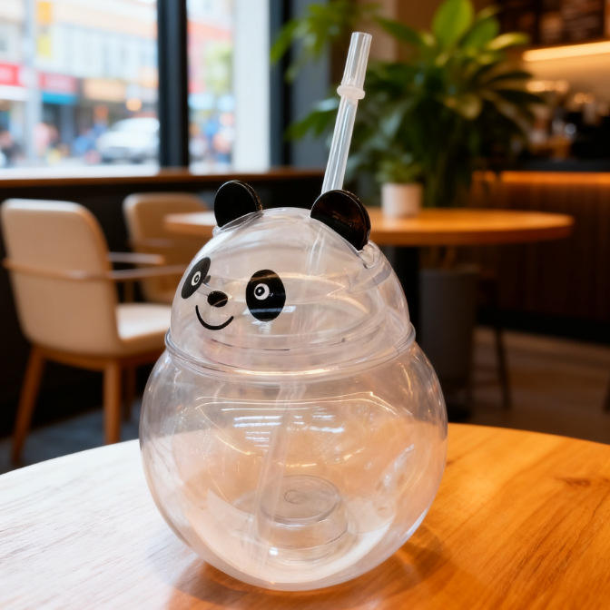 Cartoon Panda Suction Cup Drinking Cup for Kids, Transparent Plastic Tumbler with Straw, Creative Funny Gift