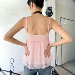 Camisola de encaje transpirable y ecológica para mujer, cuello en V, casual, rosa, adelgazante, con tirantes finos, sin mangas, blusa, novedad de verano 2026 - Product Image 4
