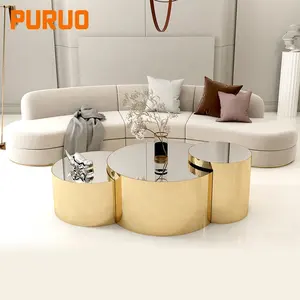 PURUO design combination tempered glass gold stainless steel round coffee table for living room