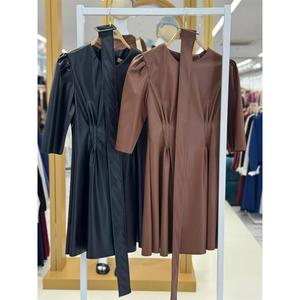 Vestido de cuero S6K con mangas abullonadas y cinturón, corte acampanado, cintura elástica, para fiesta o casual, tejido 2921 - Product Image 3