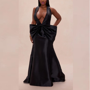 Robe <span class=keywords><strong>de</strong></span> soirée sirène personnalisable pour femme en satin noir, col en V profond, broderie, froncée, traîne chapelle, longueur cheville, pour occasions formelles - Product Image 5