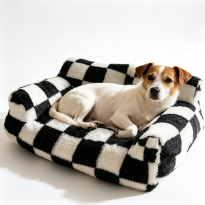 Checkered Faux Fur Dog <b>Bed</b> Rectangle Soft Modern Pet <b>Bed</b> Indoor All Seasons Removable Washable Polyester Fiber Fill - Product Image 5