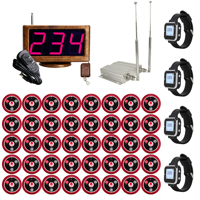 4 Waiter Watches Wireless Calling System Pager  Receiver Watch with 40 Button Transmitter for Restaurant, Hotel 1 Display