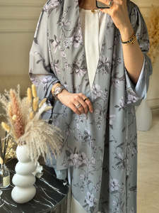 Leduo Customized Light Gray Color Flower Print Modest Floor Length <b>Dress</b> <b>Loose</b>-<b>fitting</b> style Abaya for Muslim - Product Image 2