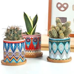 mini glazed high quality cylinder smart garden ceramic terracotta cactus flower pot with bamboo bases for giveaways gifts