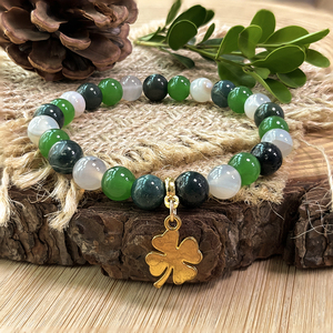 Gaya Boho empat daun semanggi liontin 8mm batu akik putih alami & lumut batu akik manik-manik beruntung gelang untuk wanita - Product Image 3