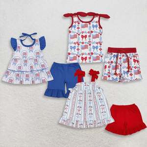 Ropa para el Día de la Independencia, 4 de julio, con estampado de flores rojas y azules, conjunto de top y pantalones cortos - Product Image 1