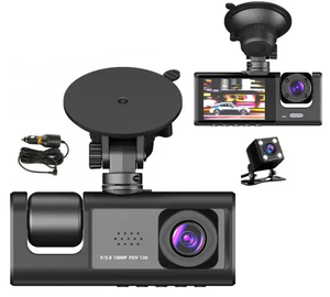 Cámara de salpicadero de tres lentes DVR para coche HD 130 P gran angular de 1080 grados con caja negra y pantalla IPS delantera trasera interna en Color negro - Product Image 1