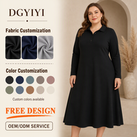 Robe midi élégante en coton et élasthanne tricoté, coupe trapèze, 280 GSM, opaque, grande taille, col polo, manches longues, pour femme, hiver, personnalisable avec logo OEM