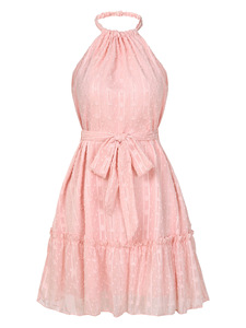 Robe midi <span class=keywords><strong>pour</strong></span> femme - Robe de plage à col halter avec bordure en dentelle et <span class=keywords><strong>ceinture</strong></span>, robe d'été décontractée - Product Image 5
