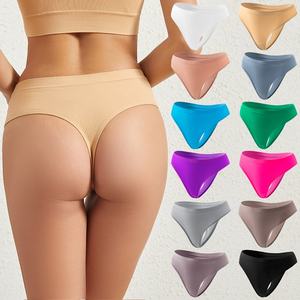 Sous-vêtements pour femmes en spandex avec logo personnalisé, sans trace, string, plusieurs couleurs, sous-vêtements pour femmes, culottes solides sans couture - Product Image 1
