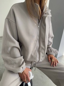 Ensemble de survêtement 2 pièces marron tricoté couleur unie pour femme, col montant, manches longues, coupe décontractée, sportswear - Product Image 5