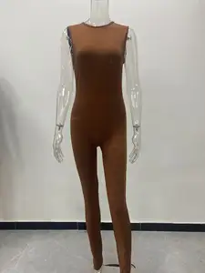 사용자 정의 로고 새로운 캐주얼 정장 여름 라텍스 Catsuit 여성 민소매 슬림 높은 Catsuit 허리 스포츠 점프 슈트