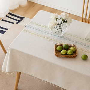Mantel Rectangular Estampado Toma con Bordado de Hojas, Impermeable, para Uso Doméstico, Estilo Nórdico, Aspecto Lino, Decorativo - Product Image 1