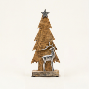 Rustic <b>Wooden</b> Christmas Tree Figurine with Silver Reindeer and Star Hand-Carved Eco-Friendly Indoor Tabletop <b>Ornament</b> - Product Image 2