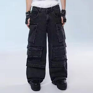 مخصص للرجال كارجو 15 أونصة قطن بنطلون جينز كلاسيكي مبطّن جينز فضفاض للرجال مستقيم 3D جيوب متعددة البضائع غسل الجينز الرجال - Product Image 4