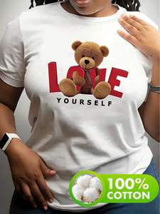 T-Shirt con Orsacchiotto 'Love Yourself', Collo Tondo, Manica Corta, Puro Cotone, Casual Estiva, Stampa Cartoon per San Valentino, Unisex - Product Image 3